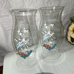 Hurricane Glass Set 2 Candle Lamp Shade Hourglass Asian Style Birds Hand Blown